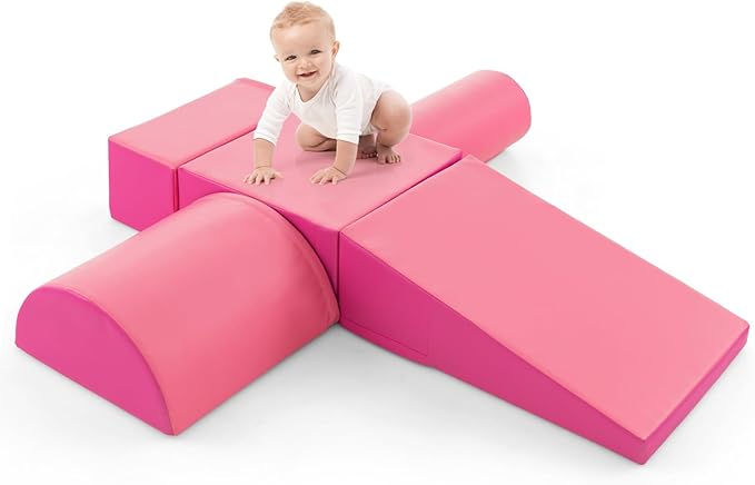 HONEY JOY 5-Piece Climb and Crawl Playset, Soft Climbing Foam Block Activity Play Structure Gym Equipment for Infant Baby, Color Coordination, Waterproof Indoor Climbing Toys for Toddlers (Pink)