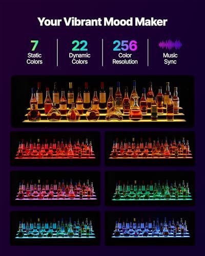 VEVOR LED Lighted Liquor Bottle Display, 3 Tier 70 Inch, Illuminated Home Bar Shelf with RF Remote & App Control, 7 Static Colors, Acrylic Lighted Whiskey Shelf for 52 Bottles, Powered by Adapter Only