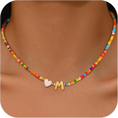 Colorful Initial Necklaces for Girls Women, 14K Gold Plated Bubble Initial Pendant Heart Shell Necklace Jewelry Christmas Gifts for Teen Girls Kids