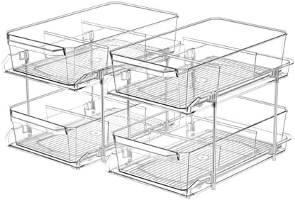 2 Set, 2 Tier Clear Organizer with Dividers for Cabinet, Shlef, Counter - MultiUse Slide-Out Storage Container - Kitchen, Pantry, Medicine Cupboard Bins, Bathroom, Vanity Makeup, Under Sink Organizing