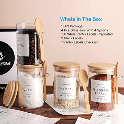 CZZGSM Glass Jar with Bamboo Lid and Spoon - 4 Pcs 17 oz Sugar Container with 132 Food Pantry Labels - Glass Containers with Wooden Lids Hold Coffee, Tea, Candy