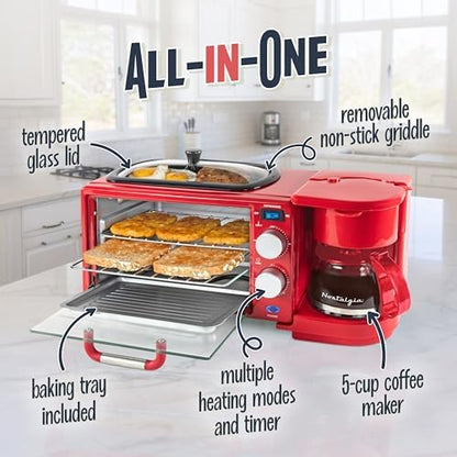 Nostalgia 3-in-1 Retro Breakfast Station - Includes 5 (4 Oz) Cup Coffee Maker, Non-Stick Ceramic Griddle, and 4-Slice Toaster Oven - Built-In Timer, Reusable Coffee Filter, Space-Saving Design - Red