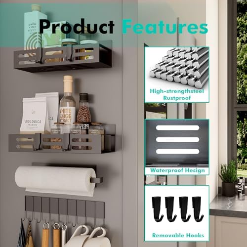 SETBAOO 4 Pack Magnetic Spice Rack for Refrigerator with 4-Hook Rack and Paper Towel Holder, Black Magnetic Shelf and Fridge Kitchen Cabinet Organizers Storage Seasoning Organization Mini Shelves.