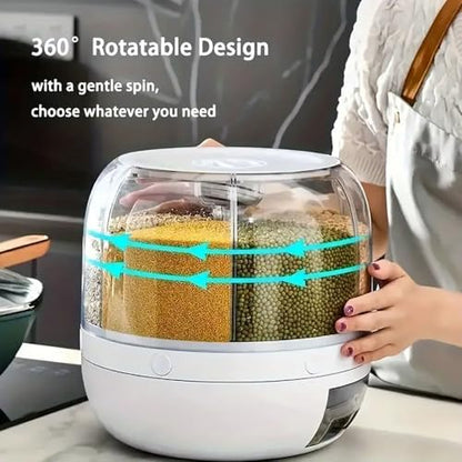 Rice Dispenser, 6-Compartment Rotating Grain Storage Container, Large