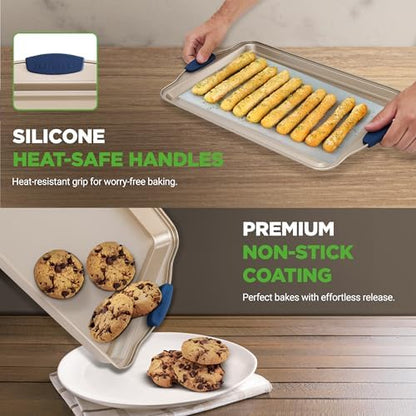NutriChef 3‑Piece Non‑Toxic Cookie Sheets for Baking – Premium Carbon Steel Oven Tray Set with Blue Silicone Handles – Nonstick Baking Sheet Set for Cookies, Pastries & Oven‑Safe Cooking