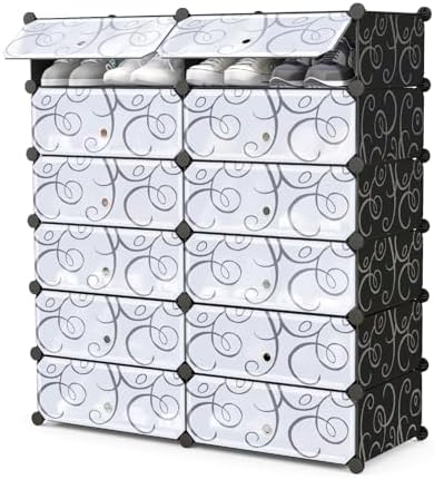 COSTWAY Shoe Rack Organizer, 6 Tier Shoe Shelves with Covers, DIY Design, 24-Pair Stackable Cube Organizer Boxes, Freestanding Shoe Cabinet for Entryway Bedroom Closet Hallway (Black)