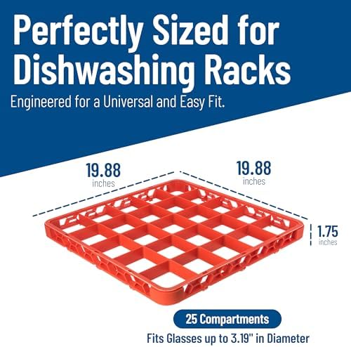 Carlisle FoodService Products OptiClean 25 Compartment Divided Glass Rack Extender for Commercial Dishwashers – Height Extender for Stemware, 3.54" x 3.54" Compartments, Orange, (Pack of 6)