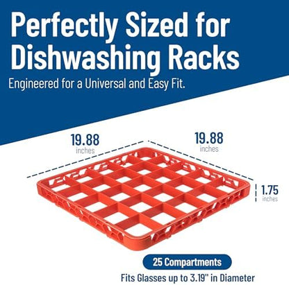 Carlisle FoodService Products OptiClean 25 Compartment Divided Glass Rack Extender for Commercial Dishwashers – Height Extender for Stemware, 3.54" x 3.54" Compartments, Orange, (Pack of 6)