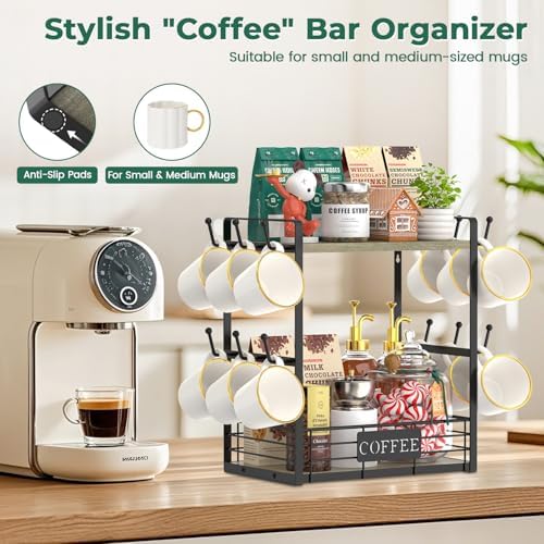 EsLuker.ly Coffee Mug Cup Holder Tree Bar Station Organizer, 2 Tier Grey Oak