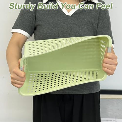 Soddeph Slim Plastic Storage Basket with Handles, Narrow Organizer box for Shelves, Organizer box for Organizing, Kitchen,Home,Office (Green, Medium)