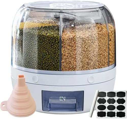 Rice Dispenser, 6-Compartment Rotating Grain Storage Container, Large