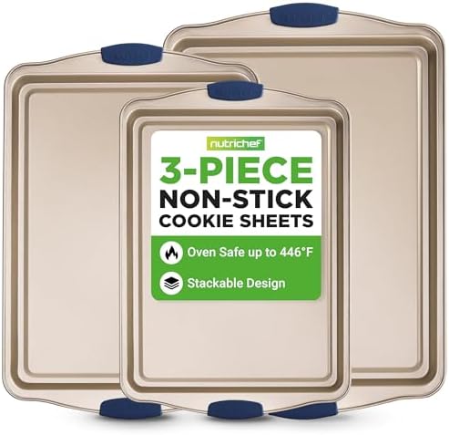 NutriChef 3‑Piece Non‑Toxic Cookie Sheets for Baking – Premium Carbon Steel Oven Tray Set with Blue Silicone Handles – Nonstick Baking Sheet Set for Cookies, Pastries & Oven‑Safe Cooking