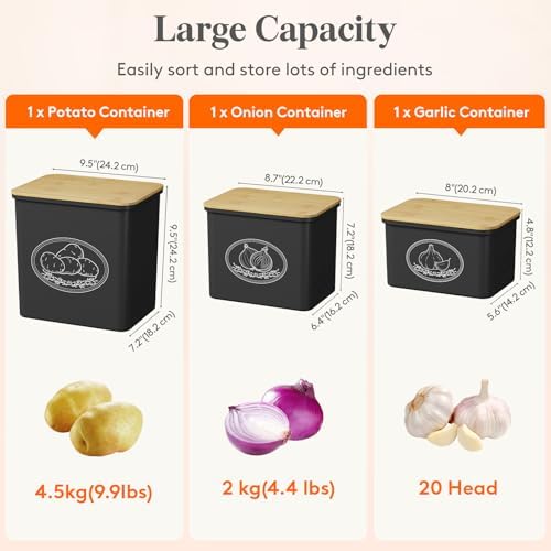 Lifewit Plastic Potato and Onion Storage Bin Box, Set of 3, Black