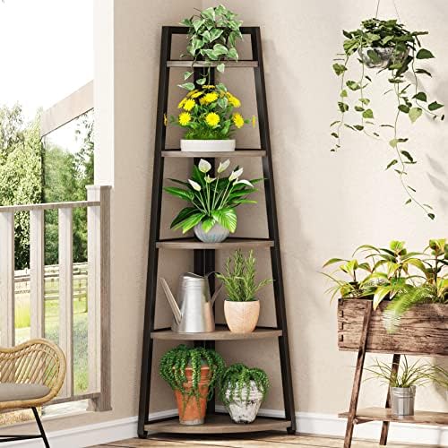 Tribesigns 70 inch Tall Corner Shelf, 5 Tier Industrial Corner Bookshelf Bookcase Industrial Corner Ladder Shelf Plant Stand for Living Room, Kitchen, Home Office (Grey)
