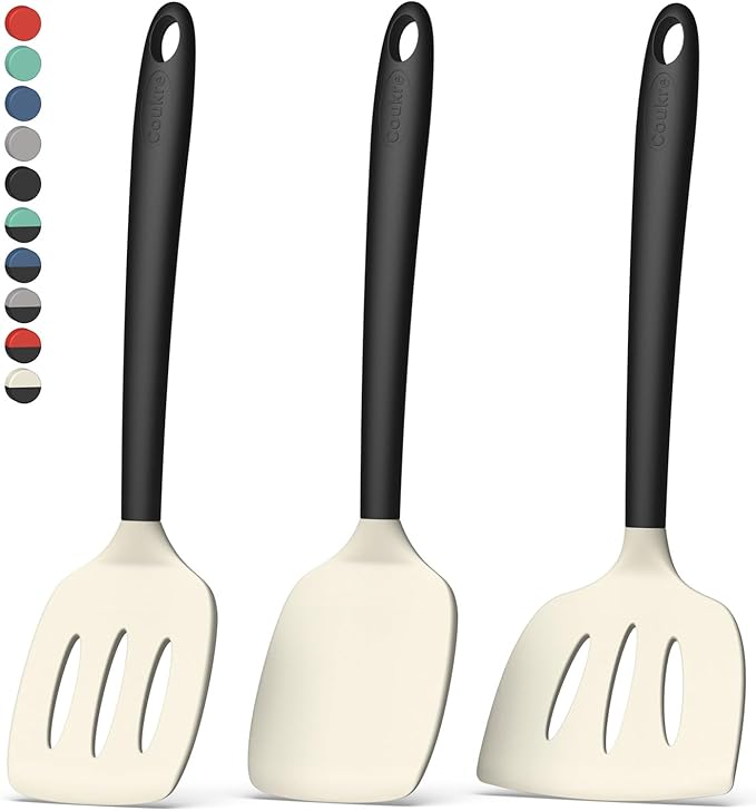 Coukre 3 Pack Silicone Spatula Set, High Heat Resistant, BPA-Free, Fish Spatula, Solid & Slotted Turner for Non-Stick Pans, Flipping Eggs, Pancakes, Fish, Burgers (3, BeigeBlack)