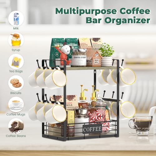 EsLuker.ly Coffee Mug Cup Holder Tree Bar Station Organizer, 2 Tier Grey Oak