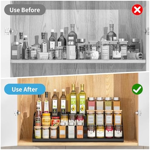 BOIVSHI 3 Tier Spice Rack for Cabinet, Adjustable Shelf, Black