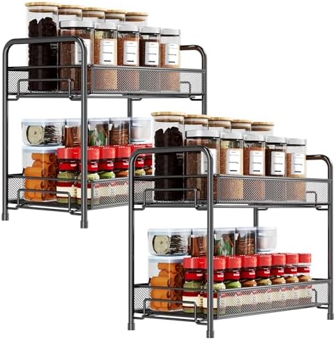 Spice Rack Organizer for Countertop 2 Pack, 2-Tier Counter Foldable Metal Standing Large Seasoning Storage Shelf for Kitchen Cabinet Bathroom Living Room Pantry Office, Black