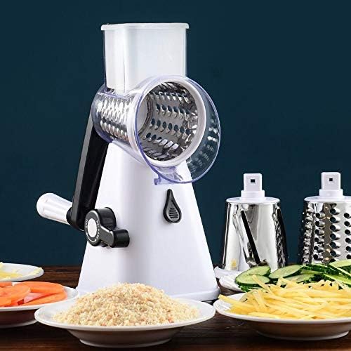 Manual Rotary Potato Grater Kitchen Mandoline Vegetable Slicer，with 3 Interchangeable Blades，Easy to use (White)