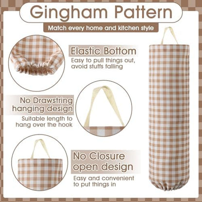 Gingham Plastic Bag Holder for Grocery Bag, Taupe