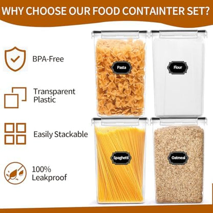 HKJ Chef 4 Pack Extra Large Airtight Food Storage Containers with Lids (6.5L / 220 oz), BPA Free Plastic Kitchen and Pantry Organization Contianers for Cereal Flour and Sugar Storage, Labels & Marker