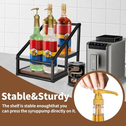 YQBRAO 2-Tier Coffee Syrup Organizer, 4-Bottle Rack, Rustic Brown