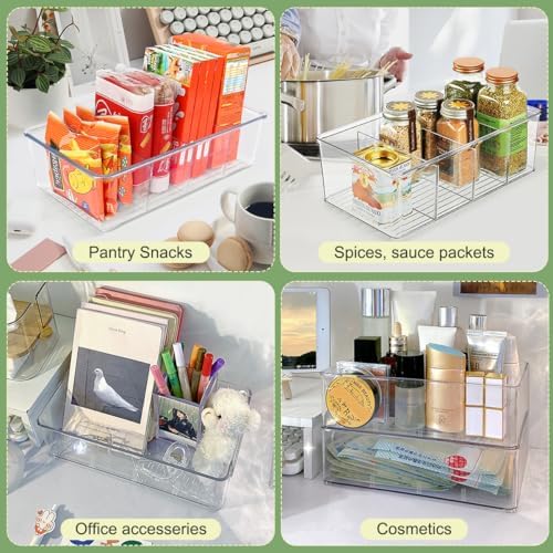 ZIZOTI Snack Organizer for Pantry Shelf, 2 Pack Clear Plastic Pantry Storage Bins with 3 Dividers for Snacks, Spices, Chips Food Organizer, Stackable Pantry Organizers for Kitchen, Fridge, Cabinet