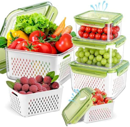 4Pack Fruit Storage Container for Fridge with Colander and Vent - Green