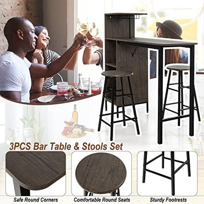 COSTWAY 3 Pieces Bar Table and Chair Set, Industrial Pub Table & Stools with Wine Glass Holders & 6-Bottle Wine Racks, Counter Height Dining Table Set for Living Room Dining Room Kitchen, Brown