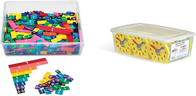 hand2mind Plastic Rainbow Fraction Tiles + Mini Geared Clock for Learning to Tell Time (15 Sets of 51 Pieces + Set of 24)