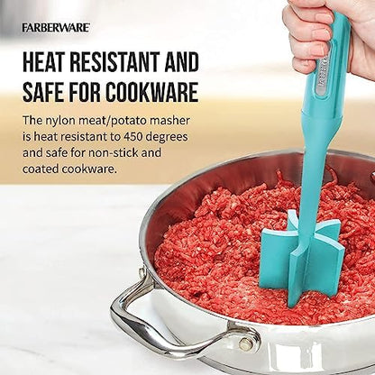 Farberware Heat Resistant Nylon Meat and Potato Masher, Safe for Non-Stick Cookware, Aqua Sky