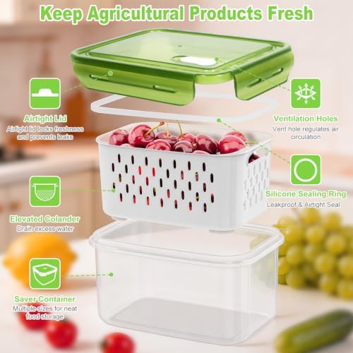 4Pack Fruit Storage Container for Fridge with Colander and Vent - Green