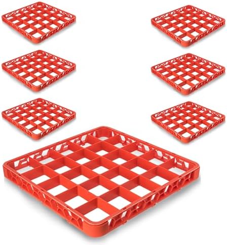 Carlisle FoodService Products OptiClean 25 Compartment Divided Glass Rack Extender for Commercial Dishwashers – Height Extender for Stemware, 3.54" x 3.54" Compartments, Orange, (Pack of 6)