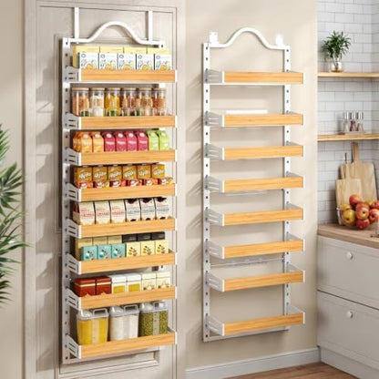 8-Tier Pantry Door Organizer, Over the Door Pantry Organizer with Wooden Adjustable Baskets, 2 IN 1 Spice Rack Wall Mount or Door Organizer, Door Spice Rack for Pantry（72.6×17.1×5.1in,White)