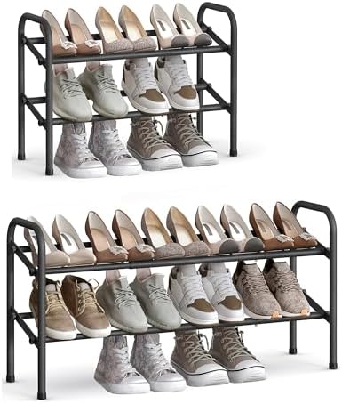 SONGMICS Expandable Shoe Rack, 2-Tier Metal Shoe Organizer, Holds 15 Pairs