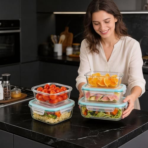 Liuruiyu Glass Food Storage Containers with Lids, 8 Pack Meal Prep Containers, Airtight Bento Boxes with Leak Proof Locking for Microwave, Oven, Freezer and Dishwasher, BPA Free（5oz to 36oz）