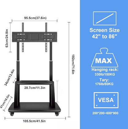 Hellsehen Mobile TV Cart, Rolling TVs Cart on Wheels Height Adjustable
