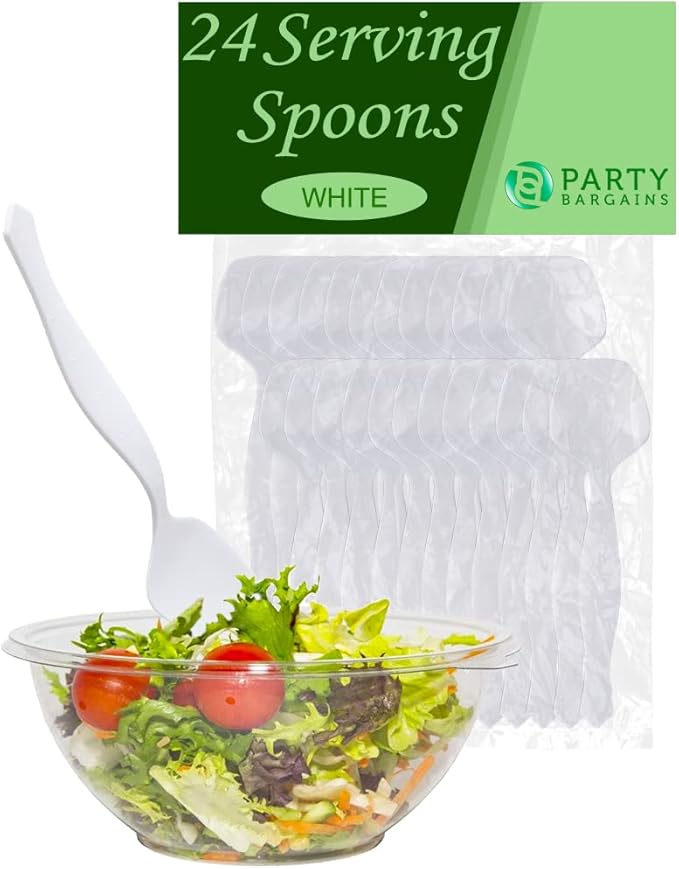 PARTY BARGAINS Disposable White Plastic Serving Spoons 8.75″ – Heavy-Duty White