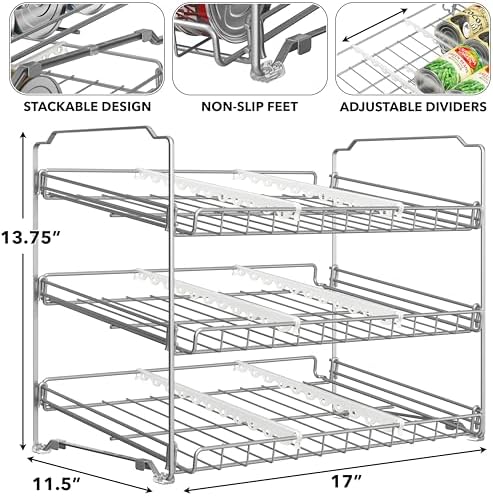 Simple Houseware Stackable Can Rack, Silver, Adjustable Plastic Dividers, Holds 36 Cans