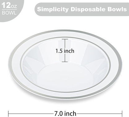 BESTVIP 50 Pack Plastic Bowls with Silver Rim, 12 oz Disposable Soup Bowls, Heavy-duty Dessert Salad Bowl for Party, Wedding, Christmas, Thanksgiving Catering and Dinner