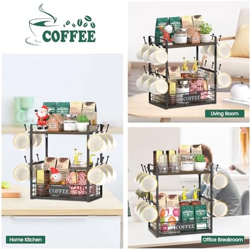 EsLuker.ly Coffee Mug Cup Holder Tree Bar Station Organizer, 2 Tier Brown