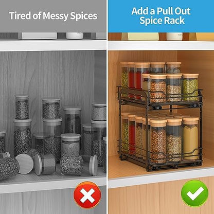 BOIVSHI Spice Rack, Pull Out Spice Racks Organizer for Cabinet, Height Adjustable Heavy Duty Metal Basket for Inside Cabinets & Pantry Closet (2 Tier,7.5''Wx10.5''Dx9.5''H)