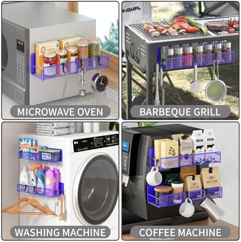 Magnetic Spice Rack for Refrigerator, 2 Pack 100% Metal Strong Magnet Shelf, Space Saving Spice Organizer W/ Hooks, Movable Magnetic Fridge Shelf, Kitchen Home Laundry Storage Organization,Purple Blue