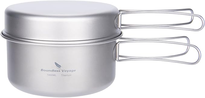 iBasingo Backpacking Cookset Titanium Camping Pots Set Ultralight Outdoor Picnic Pots Pans with Folding Handle Druable Portable Cooking Mess Kit Compact Picnic Dishes Bowls Cups (Multiple Sizes)