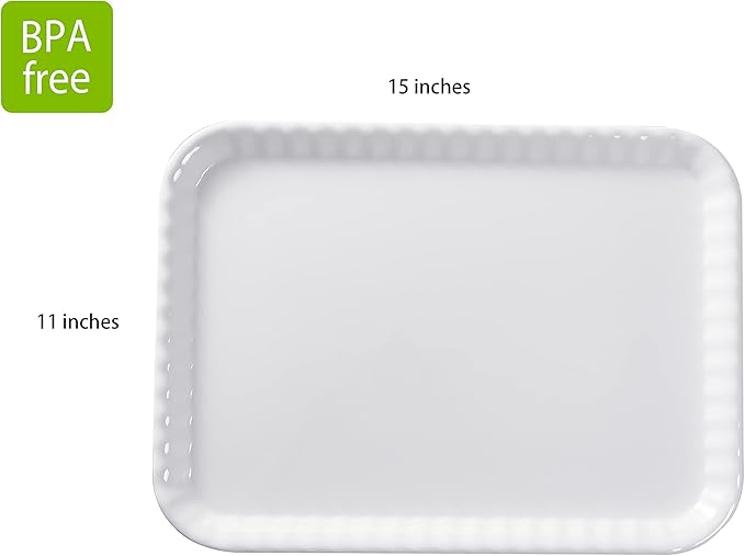 Blue Boat 15" x 11" Rectangular Serving Trays Set of 2 White, Melamine Serving Platter, Light Weight Easy to Clean Sturdy Stackable BPA-Free Dishwasher Safe