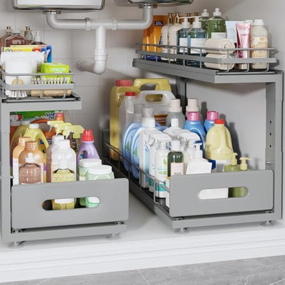 Under Sink Organizer Upgrade To Professional Rails,2-Tier Dual Pull Out Cabinet Storage,Height Adjustable Slide Out Drawers For Bathroom Kitchen,2 Pack-21"Dx12.8"-16.9"H,Gun Gray