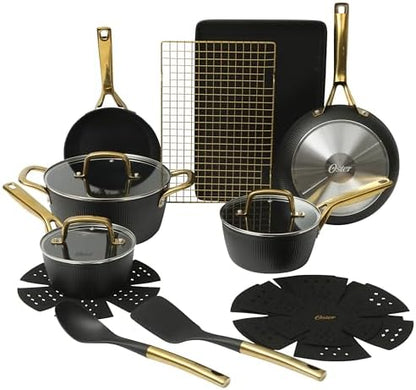 Oster Platinum Abbottsford 16 Piece Aluminum Pots and Pans PFA Free Ceramic Non stick Induction Kitchen Cookware Set - Black W/Gold