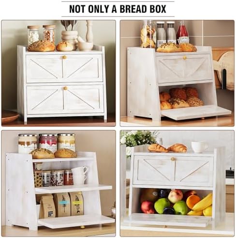 Trironsun Vintage Double Layer Bread Box for Kitchen Counter Bamboo Bread Storage Container Large Capacity Bread Storage Bin (Antique White)