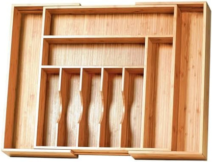 Umilife Extra Large Expandable Kitchen Siverware Utensils Drawer Organizer, 19" Deep for Big Drawer, Adjustable Bamboo Wood Drawer Divider with Curved Grooves, Cutlery Tray Flatware Holder