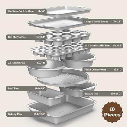 Country Kitchen Nonstick Stackable Bakeware Set - Heavy Duty, Durable, Easy Release Baking Set, Silver, 10 Pcs